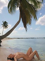 Sexy Liz Valery shows tits and pussy on the palm tree and on the beach