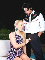 Blonde pornstar with big tits Annete Schwarz gets fucked by the pool in her shaved pussy