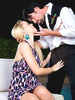 Busty blonde pornstar Annette Schwarz gives head and fucks by the pool