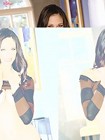 Tiffany Thompson strips off and touches her smooth inner thighs